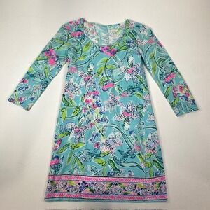 Lilly Pulitzer Dress Floral Print Aqua Pink Green Cotton Small Casual